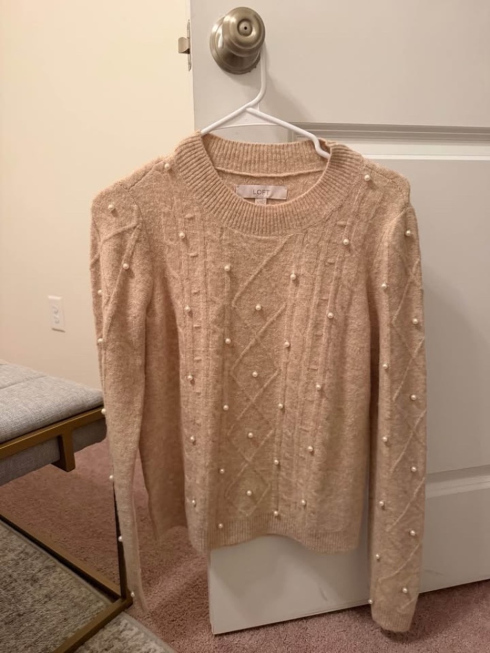 LOFT Pearl Embellished Cable Knit Sweater